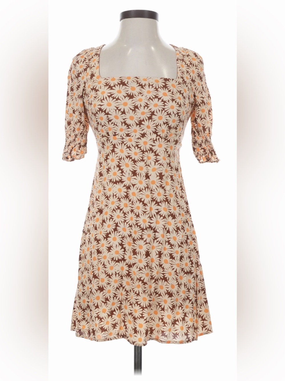 Mango Square-Neck Daisy Midi Dress in Brown, Cream & Orange